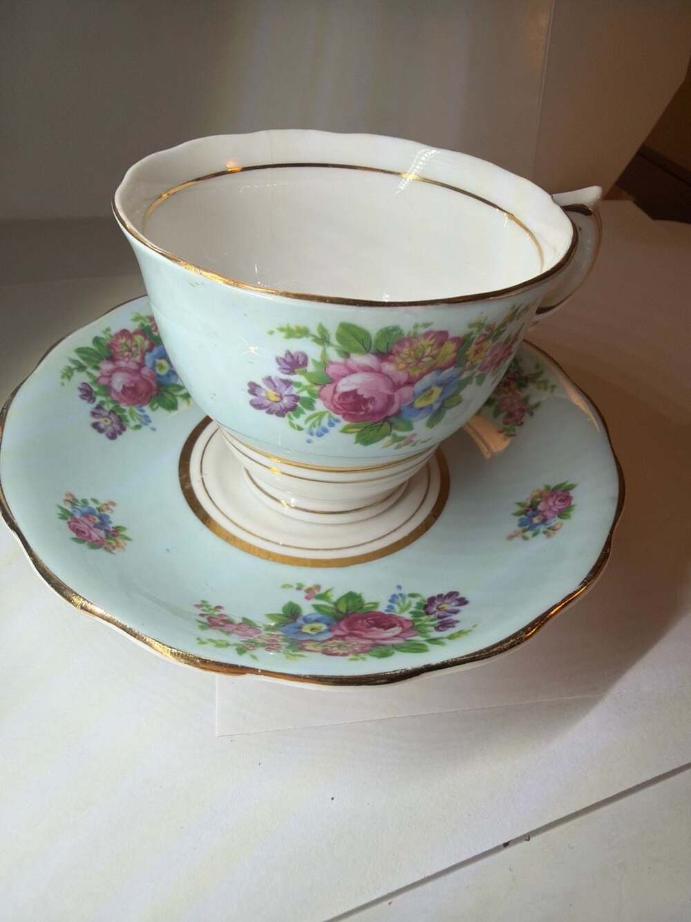 Colclough Bone China Teacup and Saucer Set Pattern 6703 Blue Floral